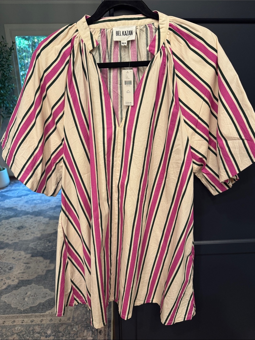 NWT Bel Kazan Anthropologie Red Berry Striped Puff Sleeve Mini Kaftan Dress